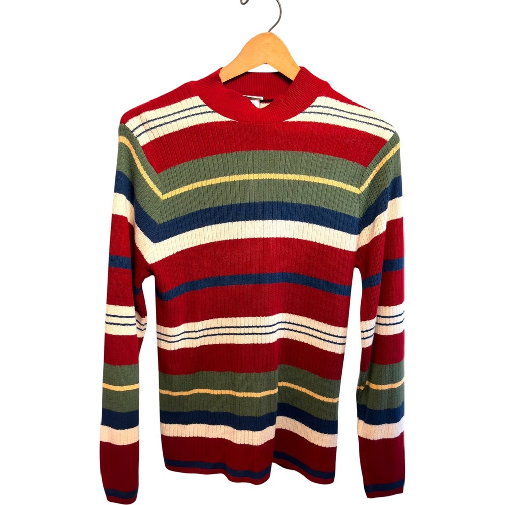 Vintage Company Collection Striped Ribbed Mock Neck Sweater Red Green Navy M 80s